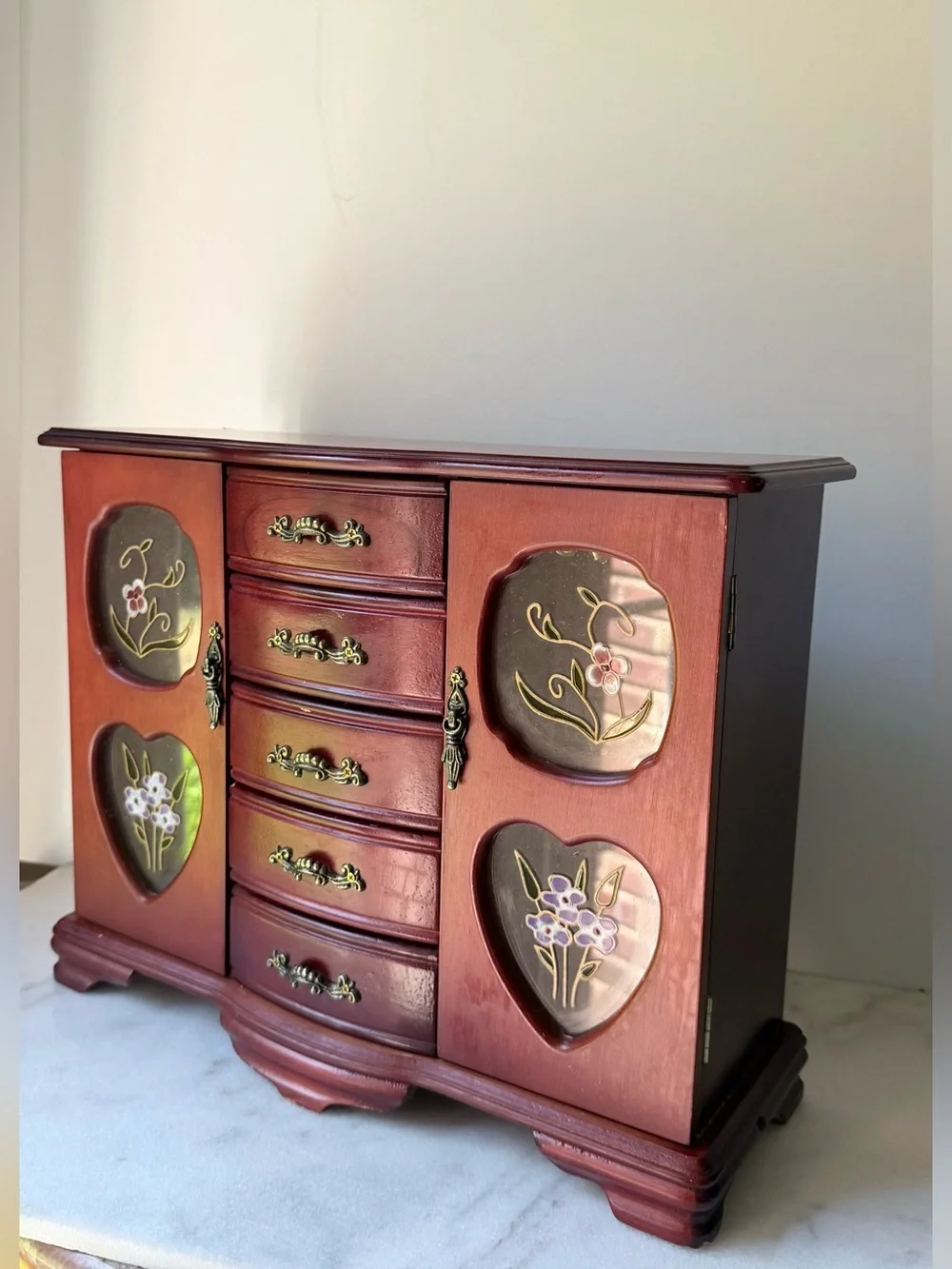 Wooden Jewelry Box Chest in Mahogany Red vintage armoire